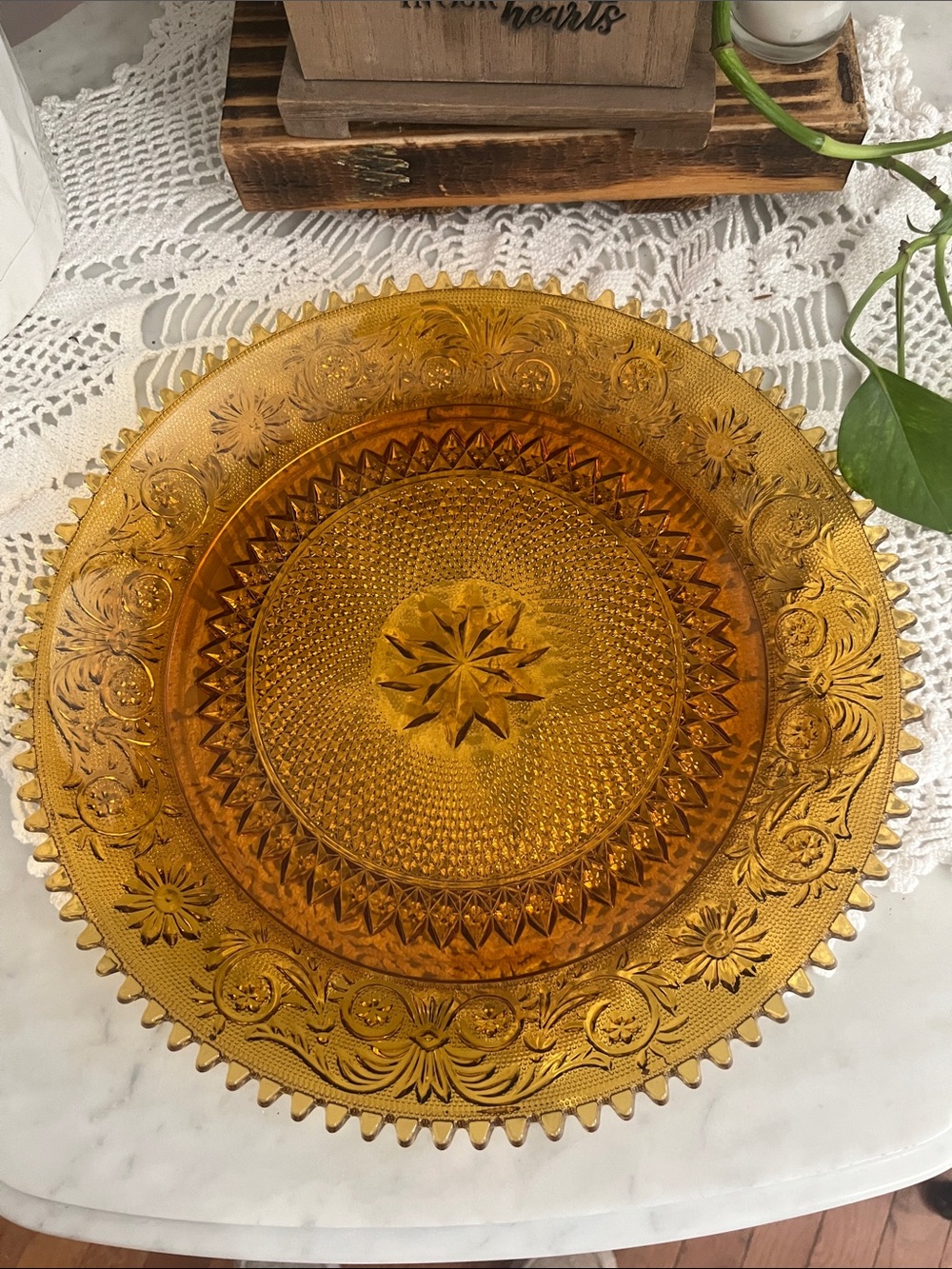 Indiana Glass Amber Glass Charger in Sandwich Pattern with Sawtooth Rim 12”